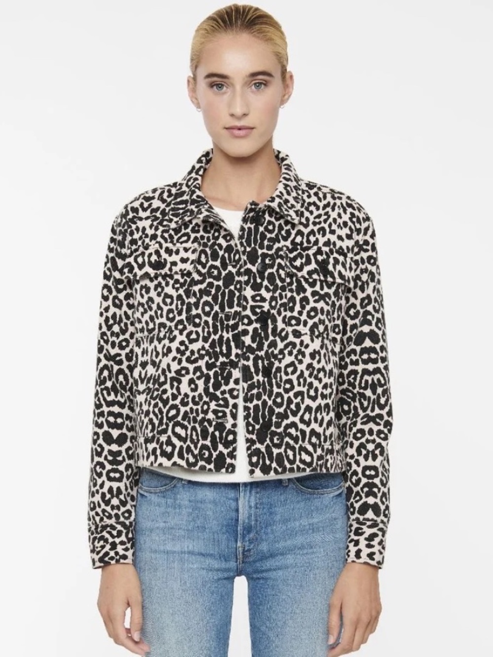 NWOT John + Jenn "Gino" Leopard Animal Denim Trucker Jacket in Pink Panther, S